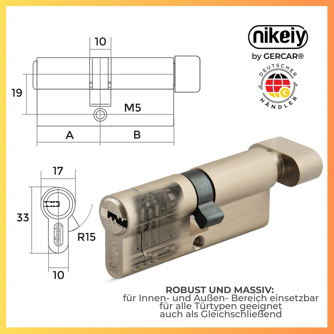GERCAR Pro+ Knaufzylinder 35/35 mit Bohrschutz - Schliesszylinder mit Knauf - Zylinderschloss Drehkn
