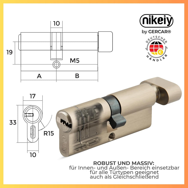 GERCAR Pro+ Knaufzylinder 35/35 mit Bohrschutz - Schliesszylinder mit Knauf - Zylinderschloss Drehkn
