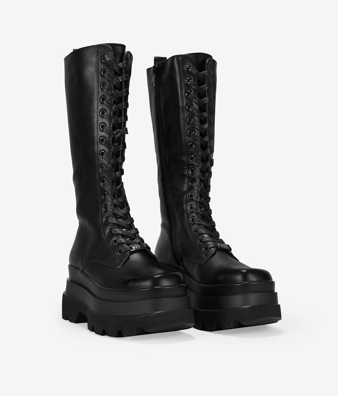 BOSANOVA Militärstiefel mit hohem Schaft aus veganem Leder mit doppelter Plattform und Track-Sohle,