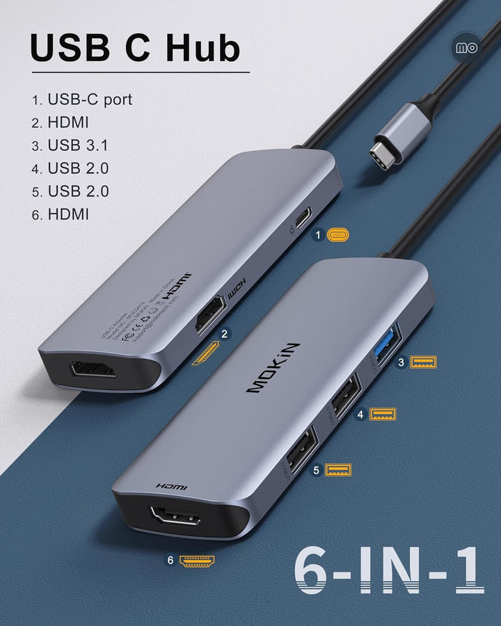 MOKiN USB C Hub Dual hdmi, 6 in 1 Multiport Adapter USB C 2 HDMI mit 2 Monitore-Anschlüssen 4K, 3 US