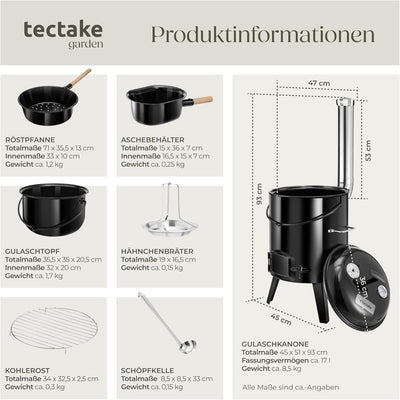 tectake® Gulaschkanone, 5in1, Gulaschkessel, Kochtopf, Grill, Dünsten, Braten, Maroni Röstpfanne, 17