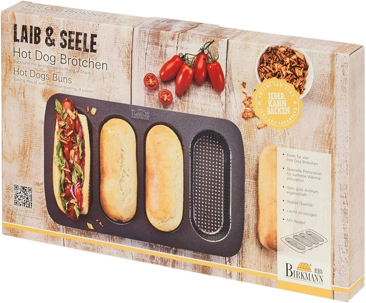 Birkmann, Laib & Seele, Hot Dog Brötchenblech, perforierte Backform aus Karbonstahl für 4 Hot Dogs,
