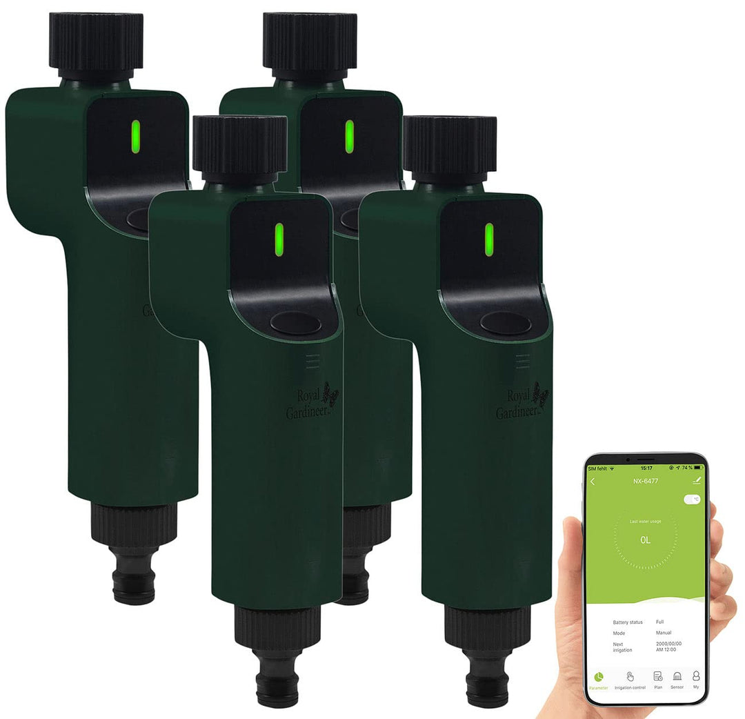 Royal Gardineer ZigBee Wasserzähler: 4er-Set Zigbee-Bewässerungscomputer mit Ventil, App- & Sprachst