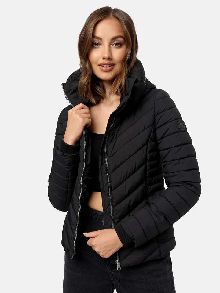 MARIKOO Damen Übergangsjacke leichte Steppjacke kurz mit Abnehmbarer Kapuze Kagomee XS-XXL L Schwarz