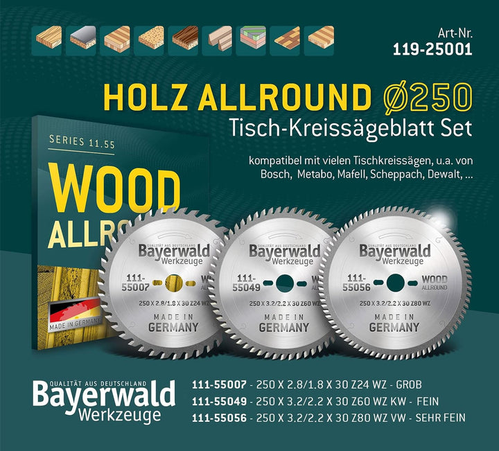 HOLZ ALLROUND Bayerwald Tischkreissägen-Set Ø 250 (3 tlg.) - für Holz Längsschnitt/Tischlerplatten/H
