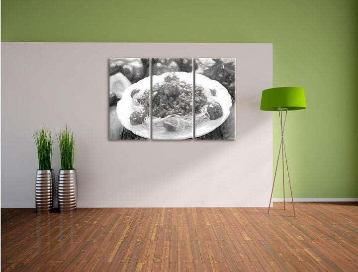 Pixxprint Spaghetti Bolognese auf dem Teller / 3-Teilig/Gesamtmass 120cm Leinwandbild bespannt auf H