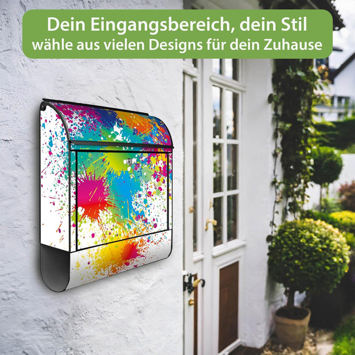 banjado® Design Briefkasten mit Motiv Farbspritzer 39x47x14cm &amp; 2 Schlüssel - Briefkasten Stahl schw