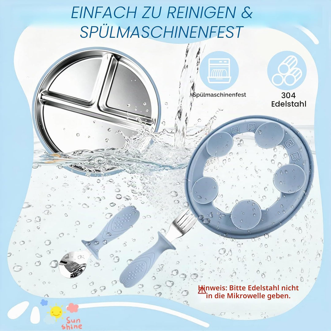 Edelstahl Baby Saugteller Set, Edelstahl Babytelle mit 1 x Gabel und 1 x Löffel, Baby Geschirrmit Ab