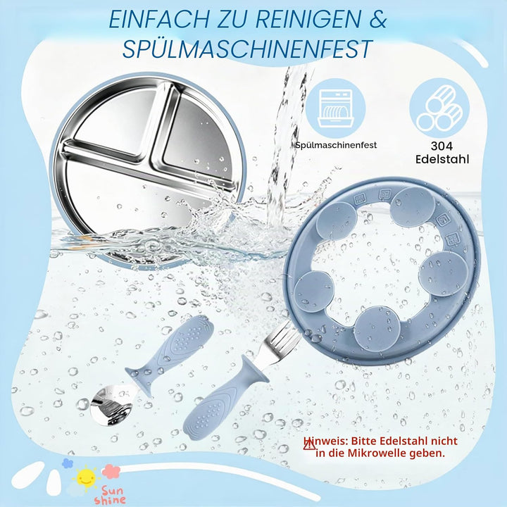 Edelstahl Baby Saugteller Set, Edelstahl Babytelle mit 1 x Gabel und 1 x Löffel, Baby Geschirrmit Ab