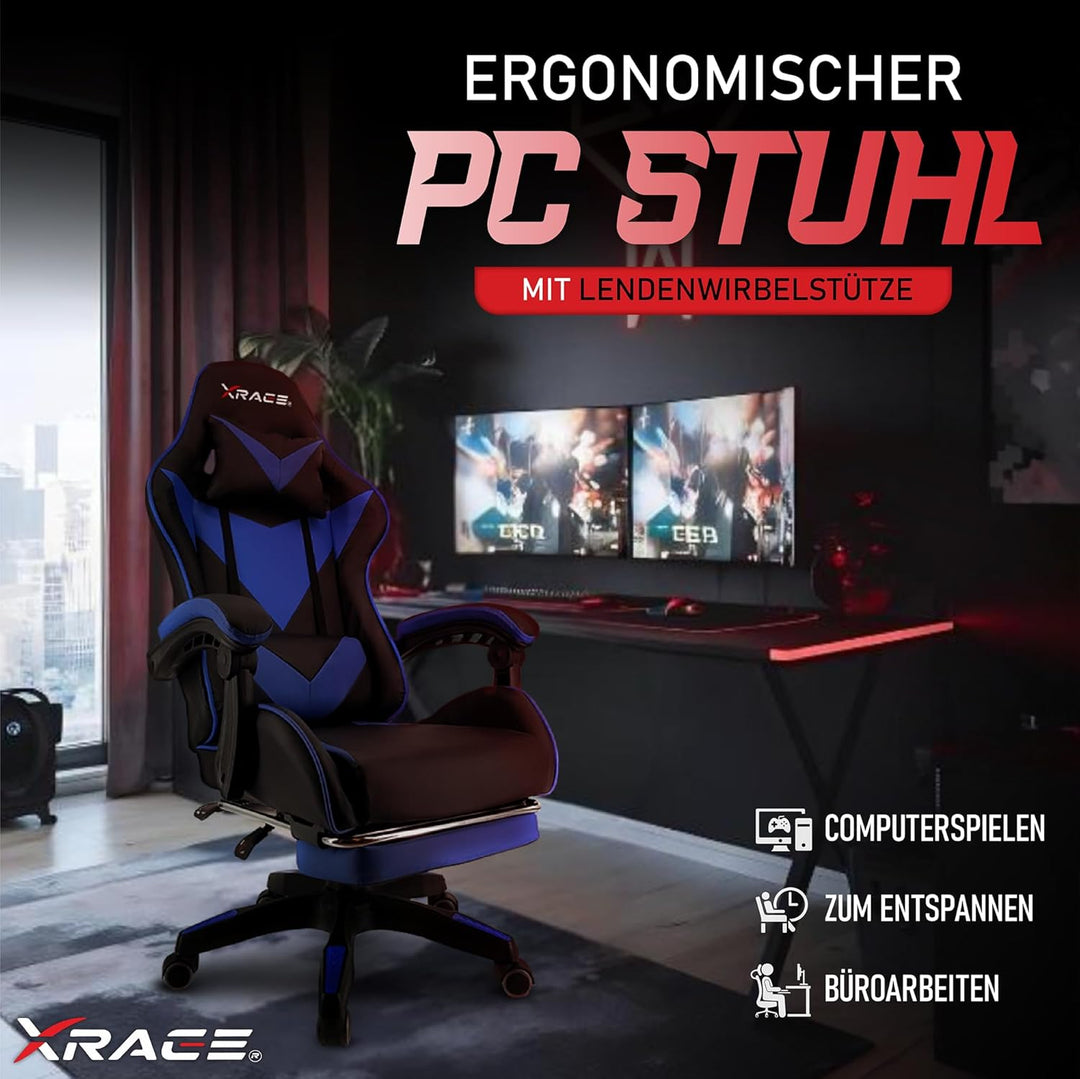 xRace Gaming-Stuhl Hoher Drehstuhl aus Leder mit Lendenwirbelstütze, Kopfstütze und Fussstütze, vers