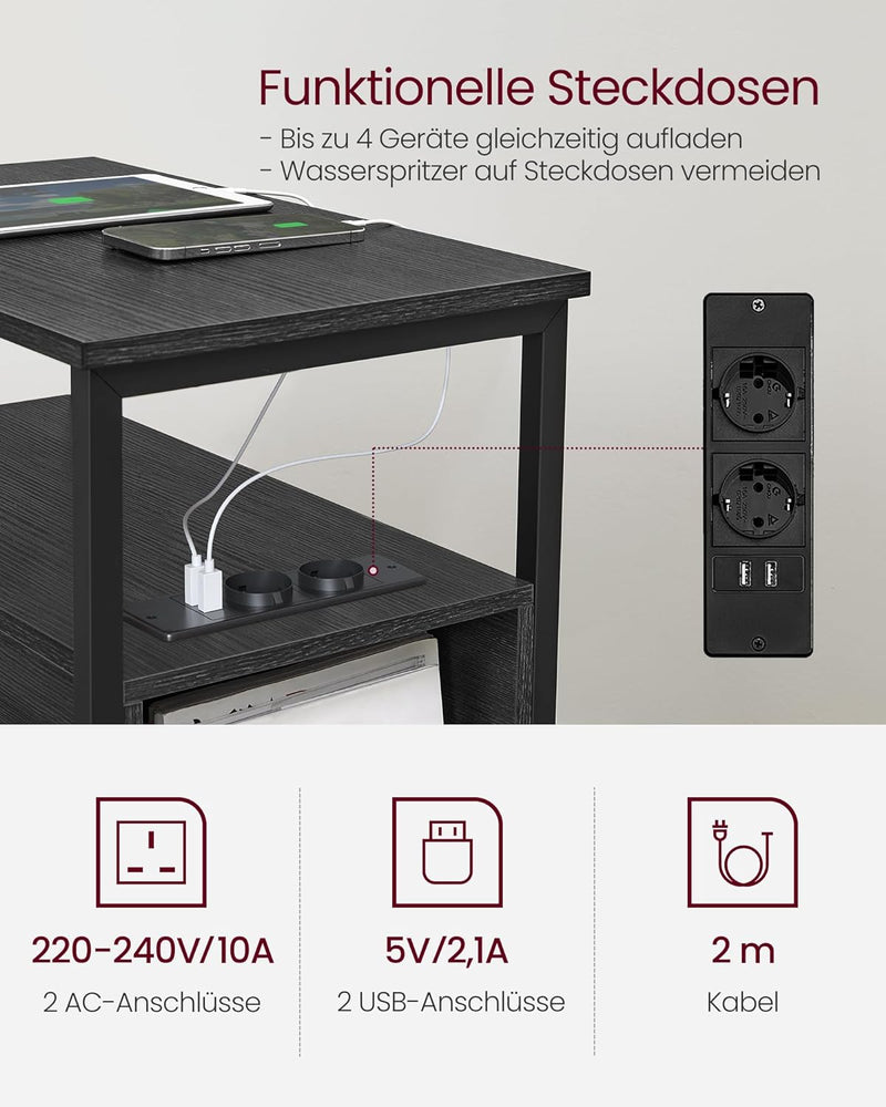 VASAGLE Beistelltisch, Nachttisch mit Steckdosenleiste, 2 Schubladen, Sofatisch, Nachtschrank für Wo