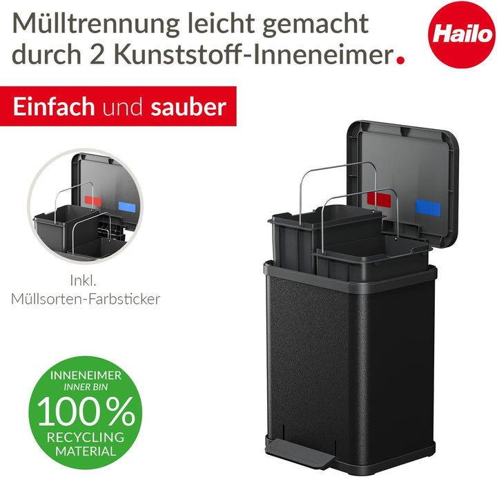Hailo Öko duo Plus M Tret-Mülltrenner - freistehender 2 x 9 Liter Doppelmülleimer aus Stahlblech - M