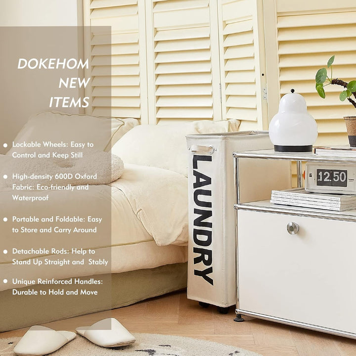 DOKEHOM 25-Inches Slim Wäschekorb auf Rollen, Zusammenklappbarer Rollender Wäschekorb, Faltbare schm