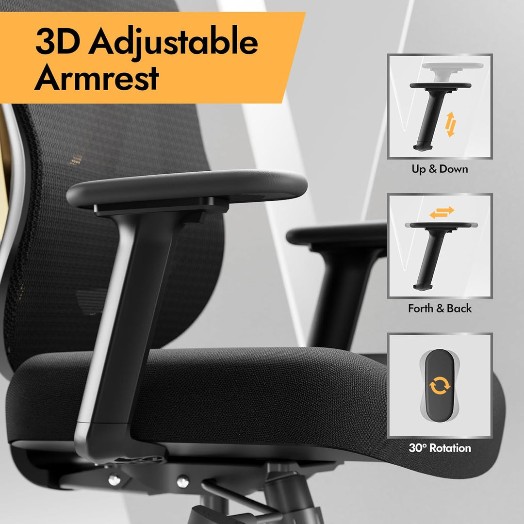 Ergonomischer Bürostuhl mit 3D Lendenstütze & 3D verstellbaren Armlehnen, V-Rücken-Design, Bequemer