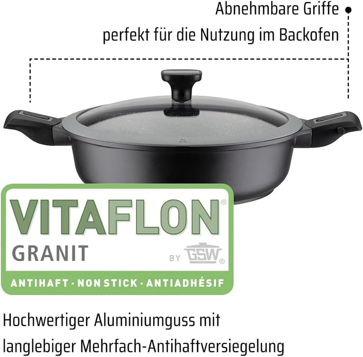 GSW 167833 Schmorpfanne Easy Click 28cm mit Glasdeckel 5-tlg. und abnehmbaren Griffen, Aluminium, Ku