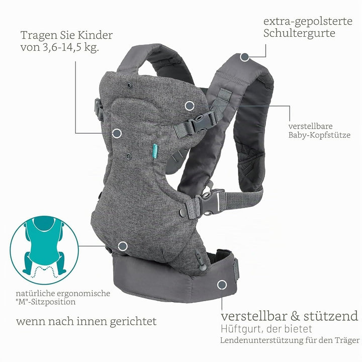 Infantino Flip Advanced 4-in-1-Trage mit Lätzchen – ergonomisch, umwandelbar, mit der Vorderseite na
