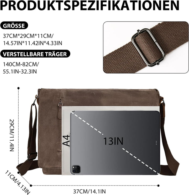 Leathario Umhängetasche Herren 14 Zoll, Messenger Bag aus Echtleder und Geöltem Segeltuch, Arbeitsta
