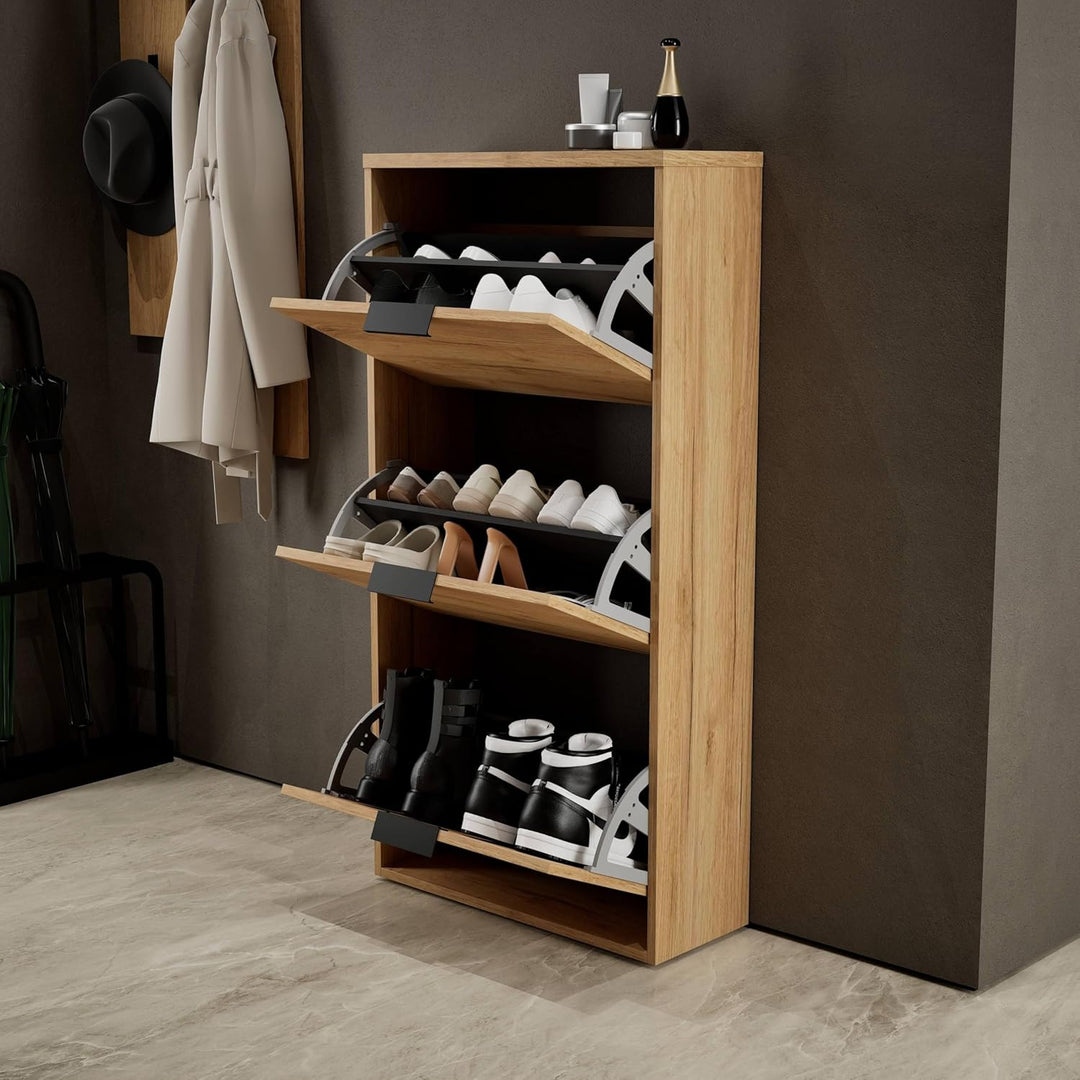 Planetmöbel Schuhschrank schmal mit 3 Klappen platzsparender Schuhregal mit 6 Ablagen, Schuhkommode