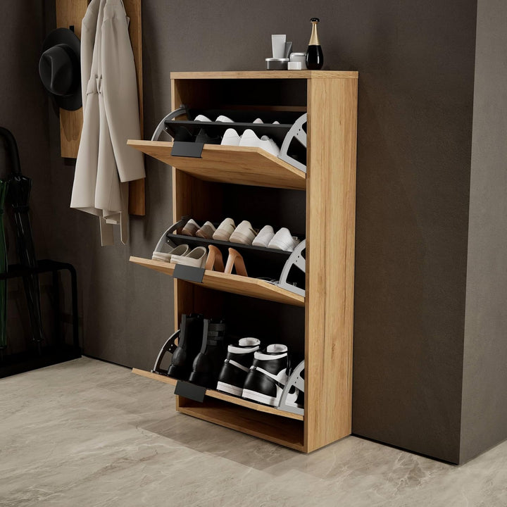 Planetmöbel Schuhschrank schmal mit 3 Klappen platzsparender Schuhregal mit 6 Ablagen, Schuhkommode