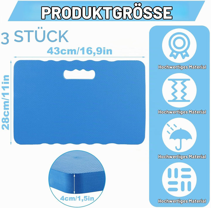 APACALI 3 Stück Kniekissen Garten Blau, 43x28x4CM Dicken Garten Kniekissen, Wasserabweisender Kniepo