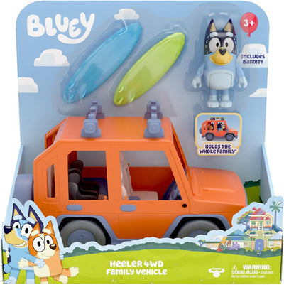 Giochi Preziosi Bluey Auto 4 x 4 Familienfahrzeug, inklusive Papa Bandit Hoch, ca. 8 cm und 2 Surfbr