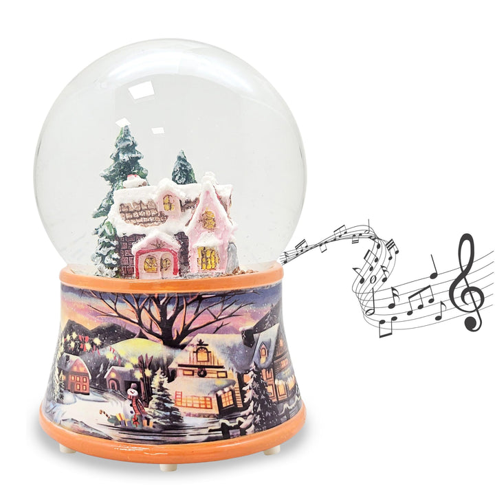 Schneekugel Weihnachten Spieluhr | Zuckerbäckerhaus | Sockel nostalgische Winterlandschaft Ocker | S