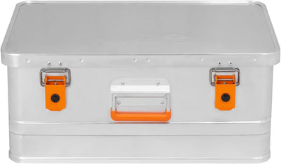 alubox Werkzeugtruhe Werkzeugkoffer 40 L silber Alu glänzend - orange Schnallen - Frontgriff - 040 L