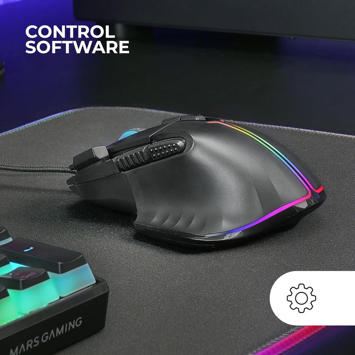Mars Gaming MMXT, RGB-Gaming-Maus, Ergonomisches Design mit Daumenauflage, 12800DPI Optischer Sensor