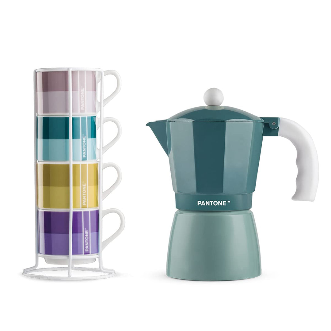 Egan Set mit 4 Kaffeetassen Impil. mit Metalrack Pantone Linear + Moka Blau 6 Tassen, PTCUP/6BE