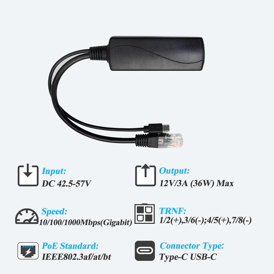 PoE Splitter Gigabit 36W 12V/3A, PoE zu Type-C 12V/3A Ausgang, Gigabit Ethernet gemäss IEEE802.3bt,