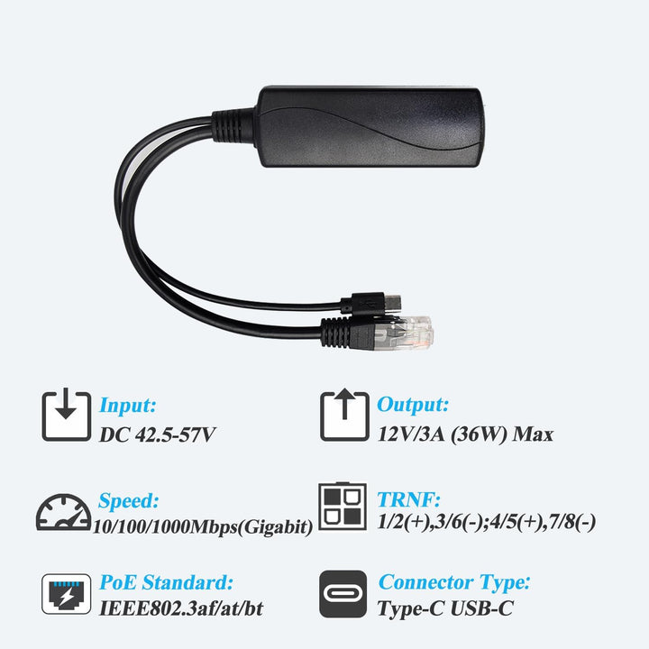 PoE Splitter Gigabit 36W 12V/3A, PoE zu Type-C 12V/3A Ausgang, Gigabit Ethernet gemäss IEEE802.3bt,