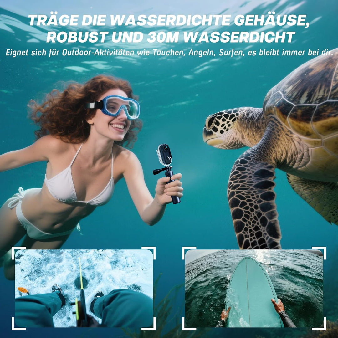 Action Cam WiFi, 4K Mini Unterwasserkamera Wasserdicht bis 30M, 360° Helmkamera Fahrrad,Freihand-POV
