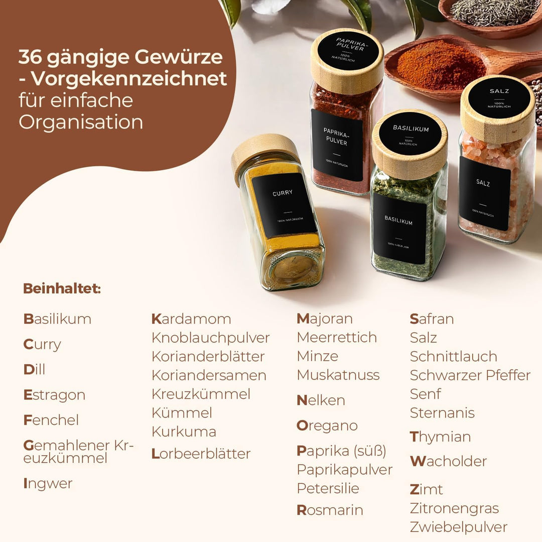 ComSaf Gewürzgläser Eckig mit Etiketten (24×120ml), Gewürzstreuer Glas mit Bambusdeckel, Gewürzdosen
