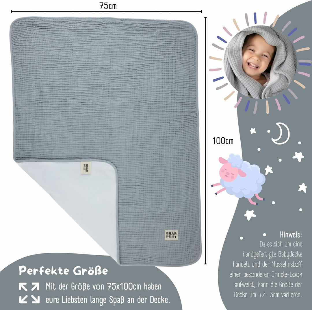 BEARFOOT Babydecke - Musselin Fleecedecke (Baumwolle, Fleece) flauschig weiche Kuscheldecke, Baby/Ne