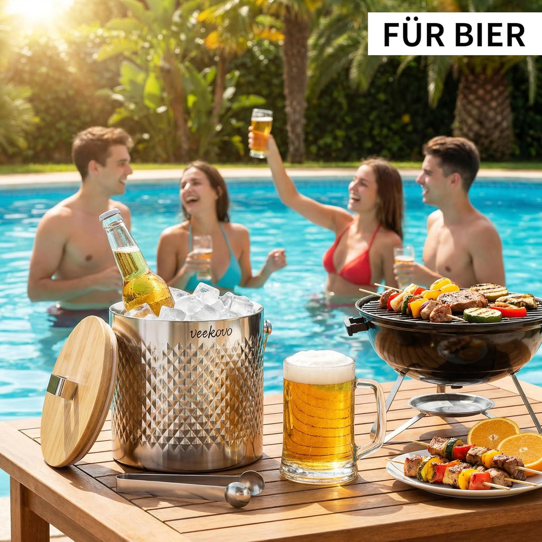 3,2L Eiswürfelbehälter mit Deckel und Schaufel,Edelstahl Eiskübel Doppelwandiger Isolierter,Eisbehäl