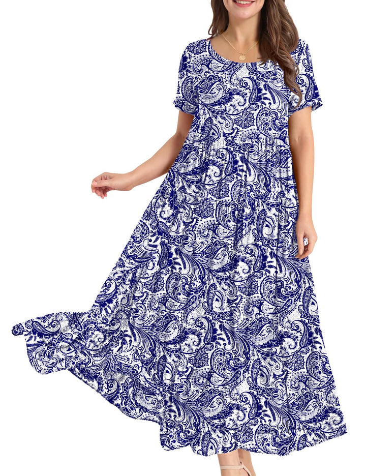 YESNO Damen Kleider Freizeit Lose Sommerkleid Lang Boho Maxikleid für Rundhals Strandkleid Blumenkle