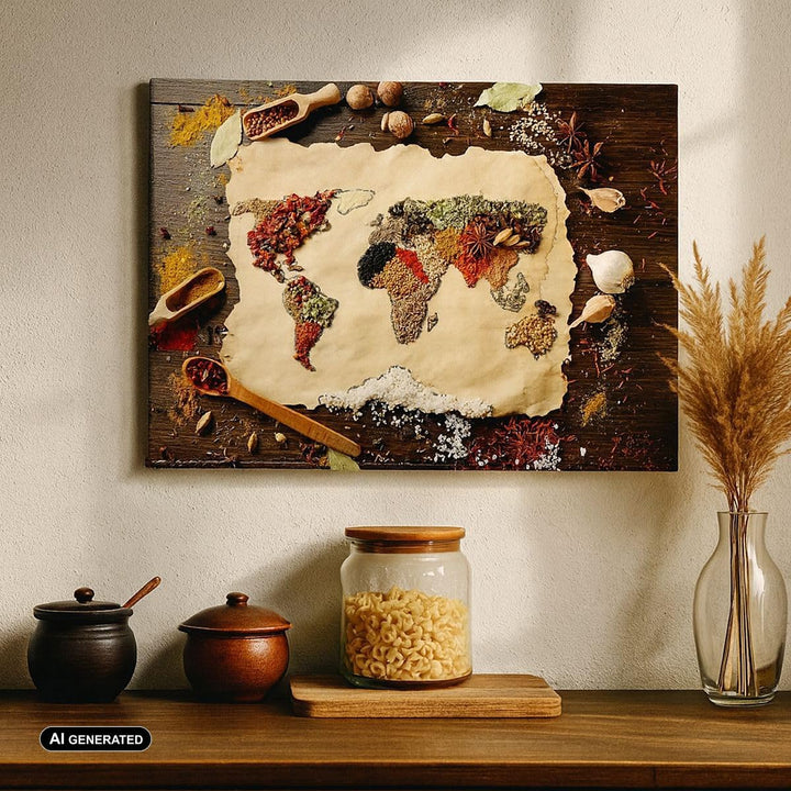 Bilder auf Leinwand 100x70cm Leinwandbild Welt Karte Gewürze Farben Gross Wanddeko Bild Schlafzimmer