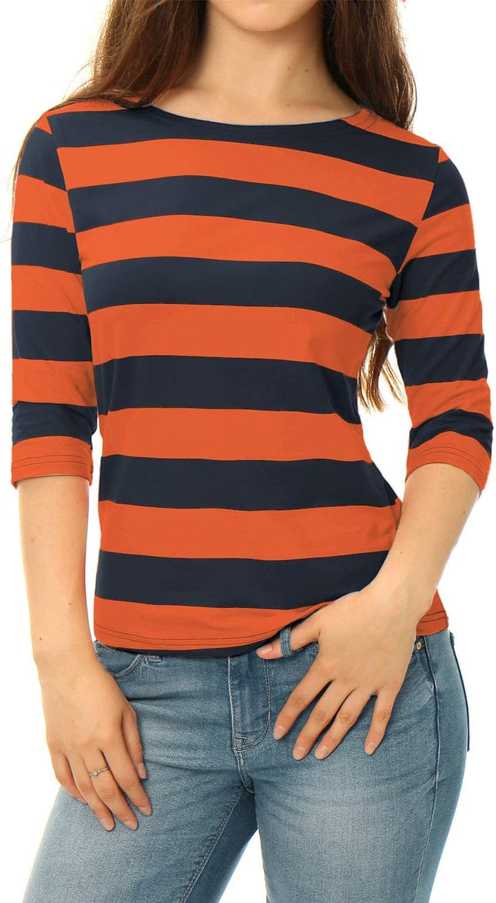 Allegra K Damen Gestreiftes Shirt U Boot Ausschnitt Halbarm Party Ferien Streifen Top Bluse XS Orang