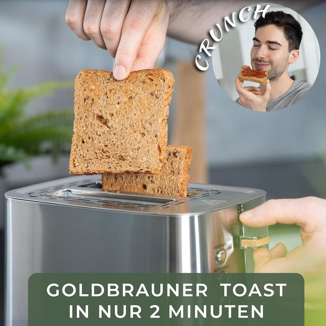 WALDWERK Design Toaster - aus 304 Edelstahl und Eichenholz - für 2 Scheiben - mit Brötchenaufsatz -
