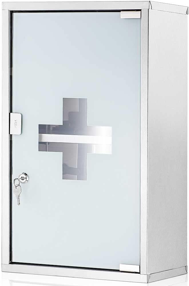 Bakaji Schrank für Medikamente, Erste-Hilfe-Schrank aus Edelstahl und satiniertem Glas, Farbe Silber