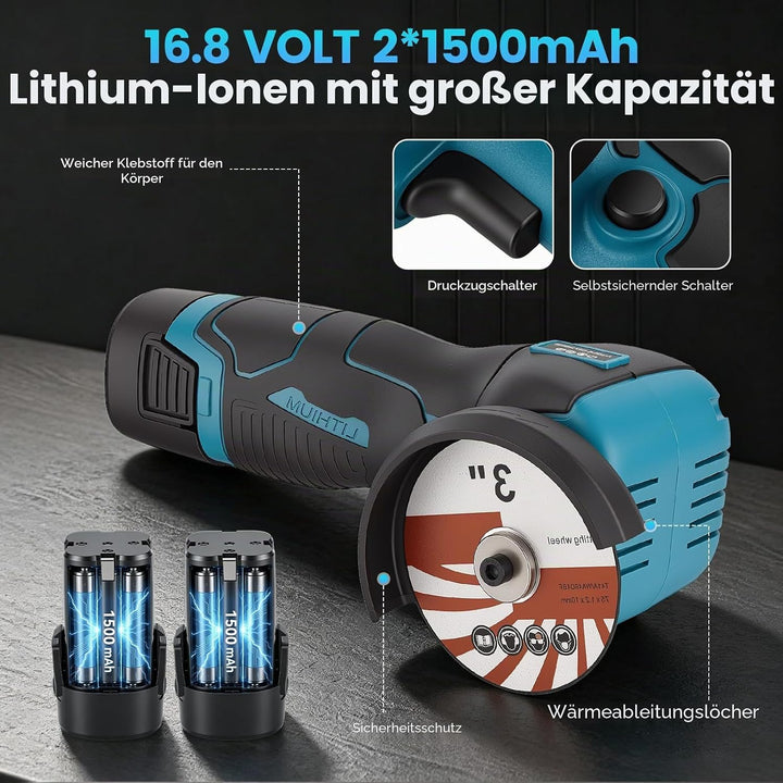 Mini Winkelschleifer, 16.8V Akku Mini Flex mit 2x1500mAh Batterien, 19500 U/min, 20 Scheiben Set (Me