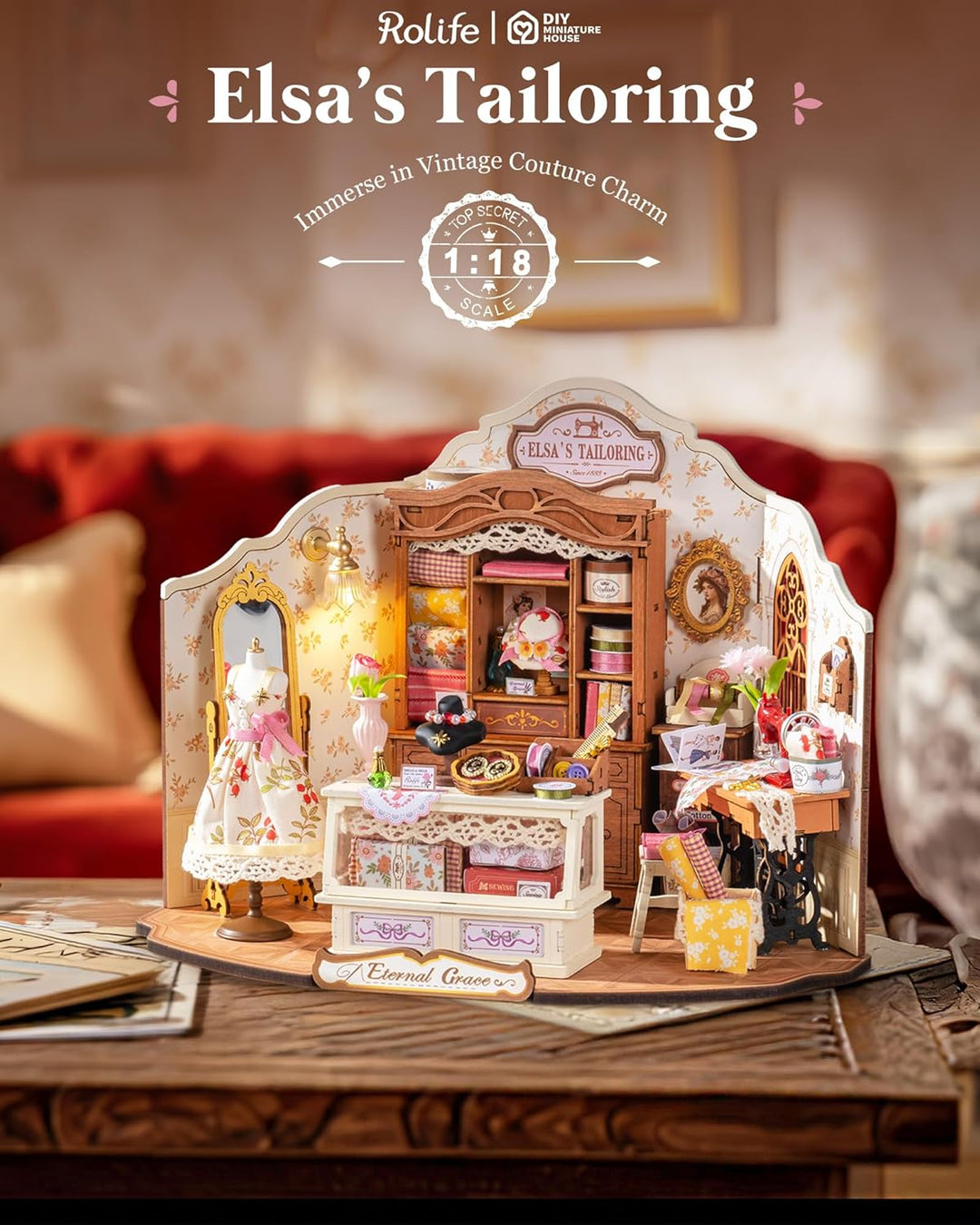 Rolife Puppenhaus ELSA’s Schneiderei DIY Miniaturhaus Bausatz aus Holz im Vintage Rustikal Stil Schn