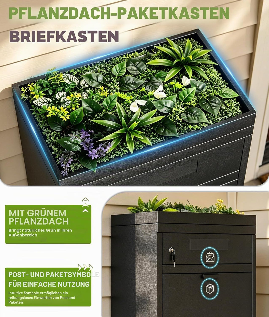 Briefkasten Paketbox mit Pflanzdach, Paketbriefkasten mit Zahlenschloss, Automobilstahl Pulverbeschi