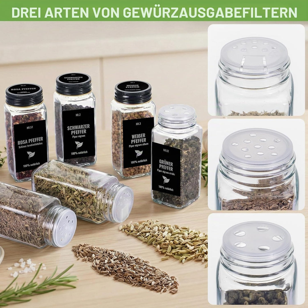 Gewürzgläser Eckig Set 24er, Gewürzdosen Glas 120ml, Gewürzstreuer Mit Schwarz Deckel, Gewürz Organi