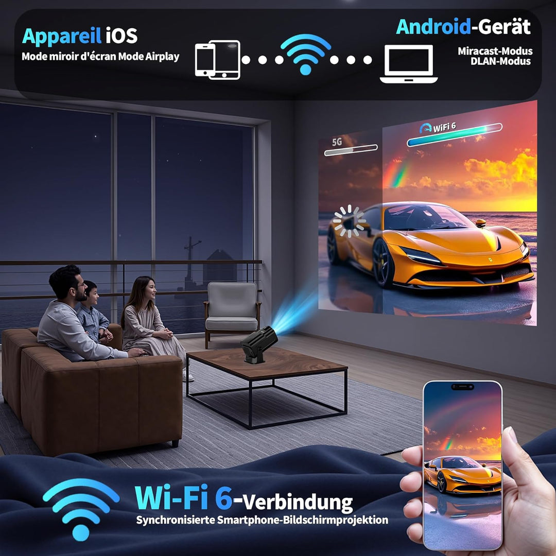 Mini Beamer 4K Full HD 1080P [2026 Modell] Projektor Tragbarer mit WiFi 6 und Bluetooth 5.2 & 270° D