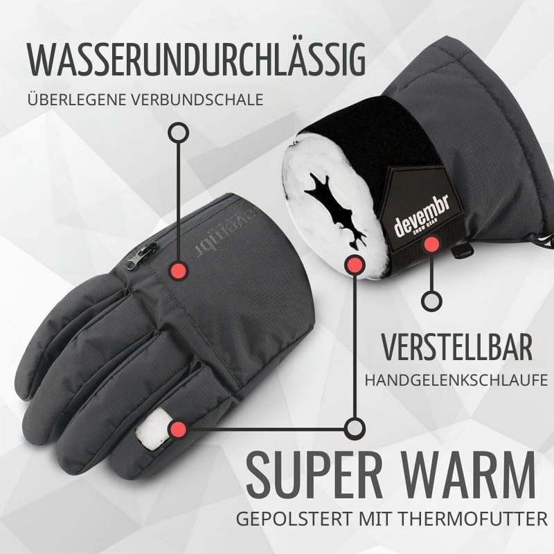 devembr Skihandschuhe mit Handgelenkschützern, Warme Snowboardhandschuhe für Herren und Damen (XS/S/