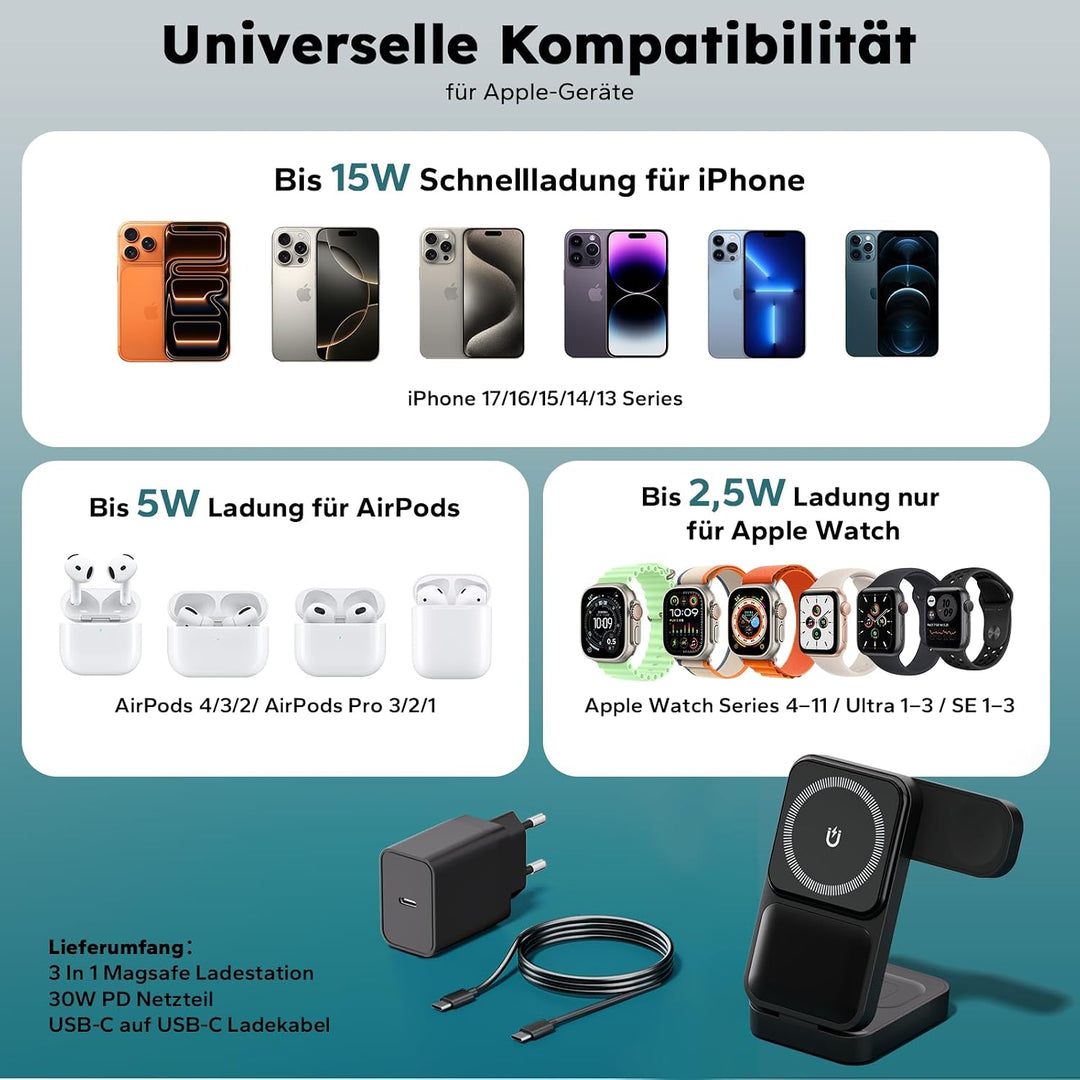 15W Magsafe Ladestation für Apple Watch und iPhone Faltbare mit Schnellladefunktion, 3 IN 1 Magsafe