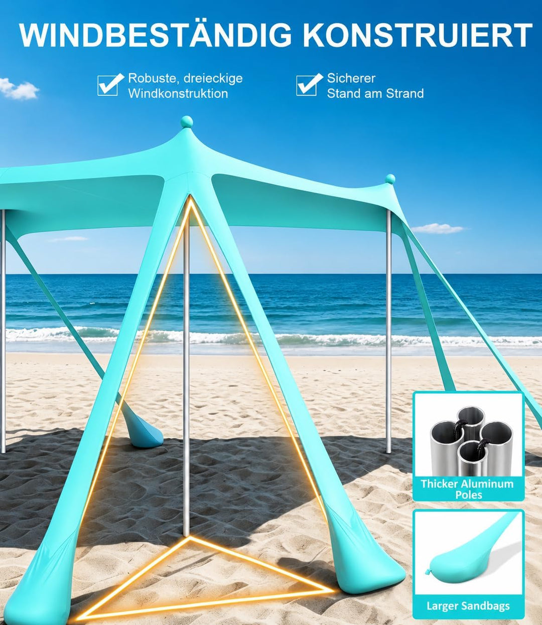 UV Strandzelt UPF50+, 3m x 3m Strandzelt Sonnenschutz Sonnensegel mit 8 Sandsäcken und 2 Sandschaufe