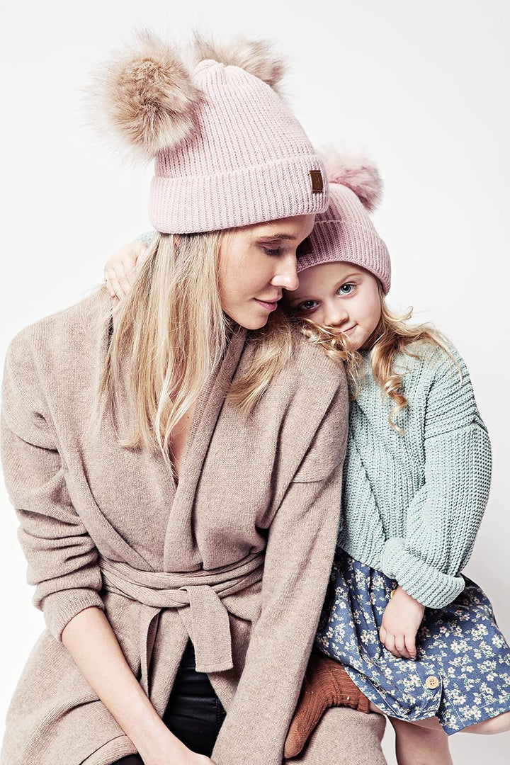 ELIMELI Eltern-Kind Mütze Mädchen Warme Wintermütze für Mutter und Tochter Mütze Damen Winter mit Zw