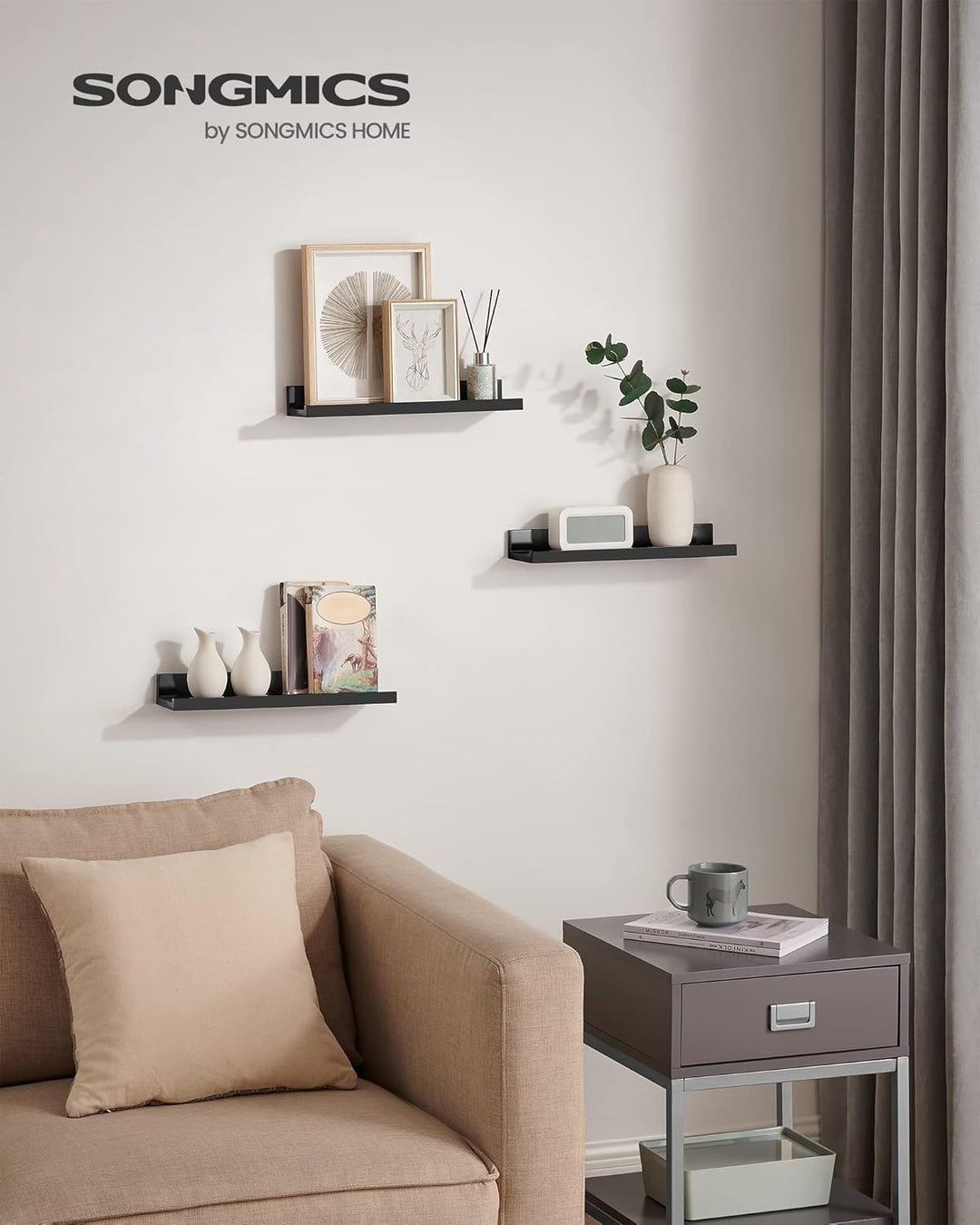 SONGMICS Wandregal, 3er Set, Schweberegal, 38 cm breit, Regal für Fotorahmen und Dekos, für Wohnzimm